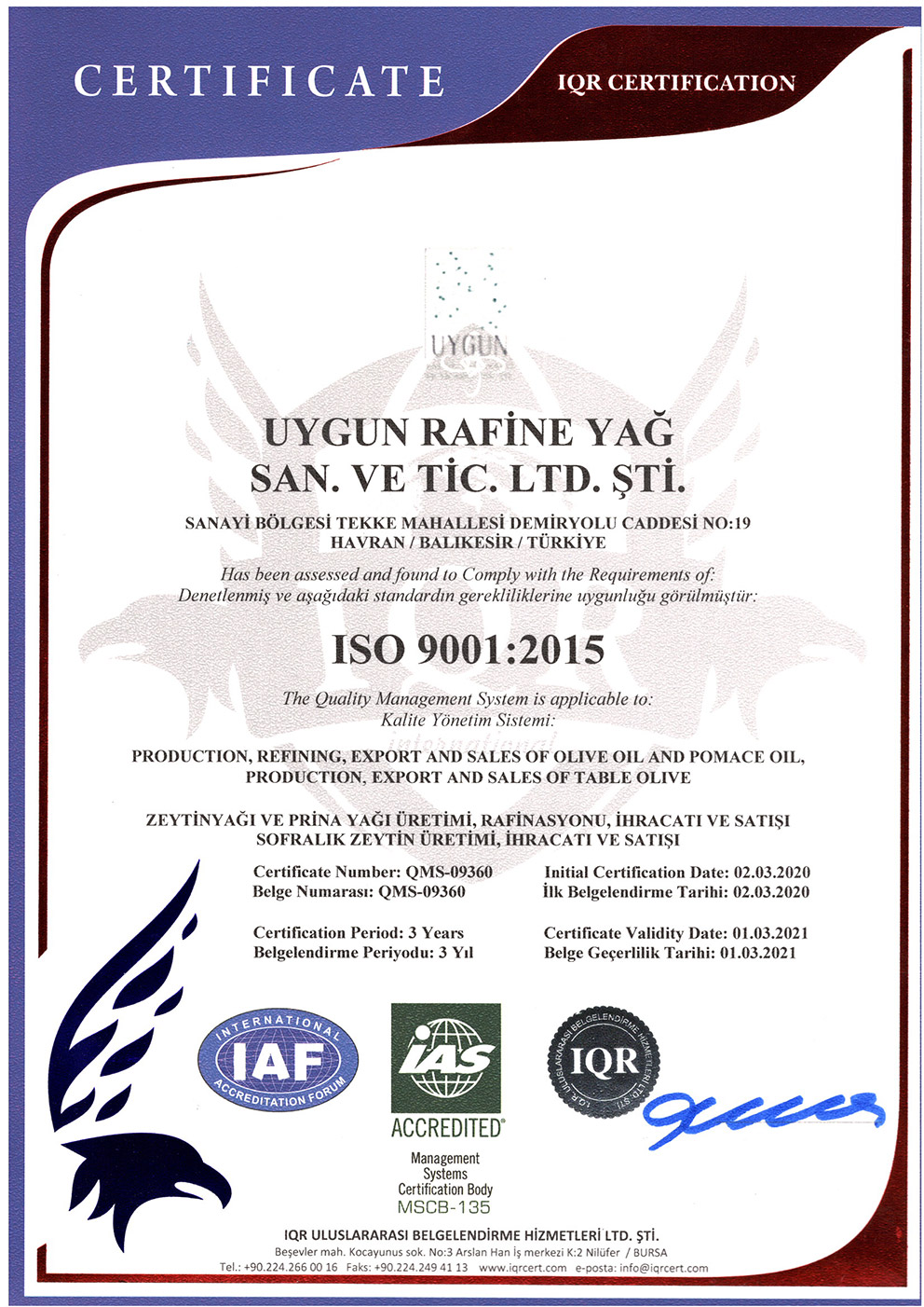 Uygun-Rafine-ISO-9001-2020 Certificate